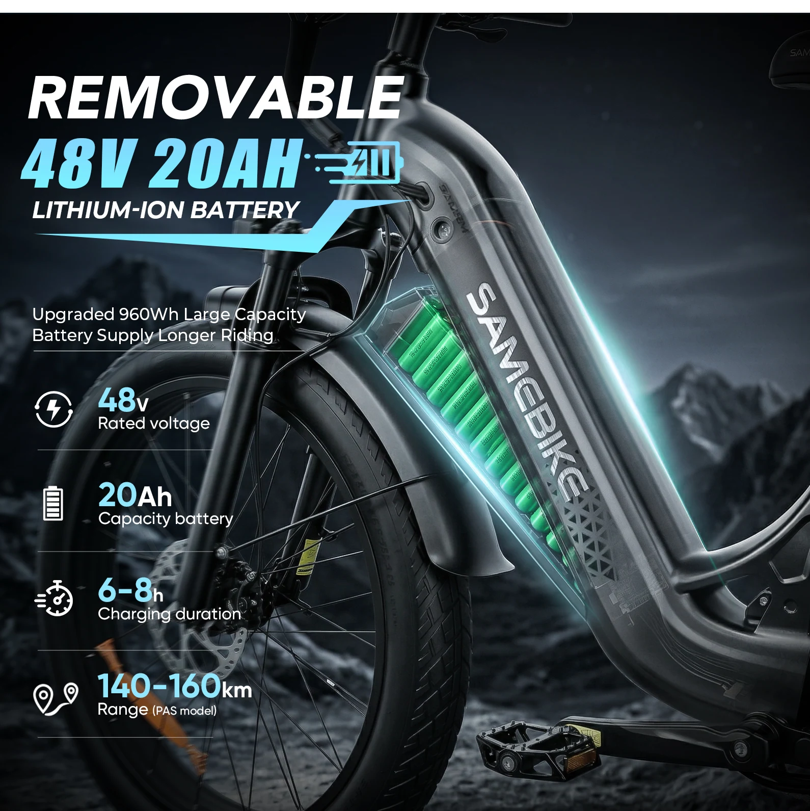 Batería extraíble de la SAMEBIKE CREST con tiempo de carga de 6 a 8 horas