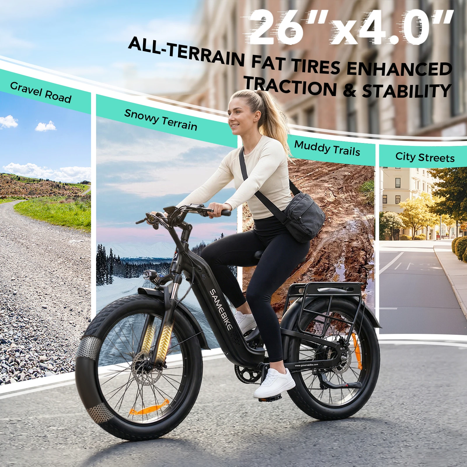 SAMEBIKE CREST en una ruta mixta con neumáticos fat de 26 por 4 pulgadas