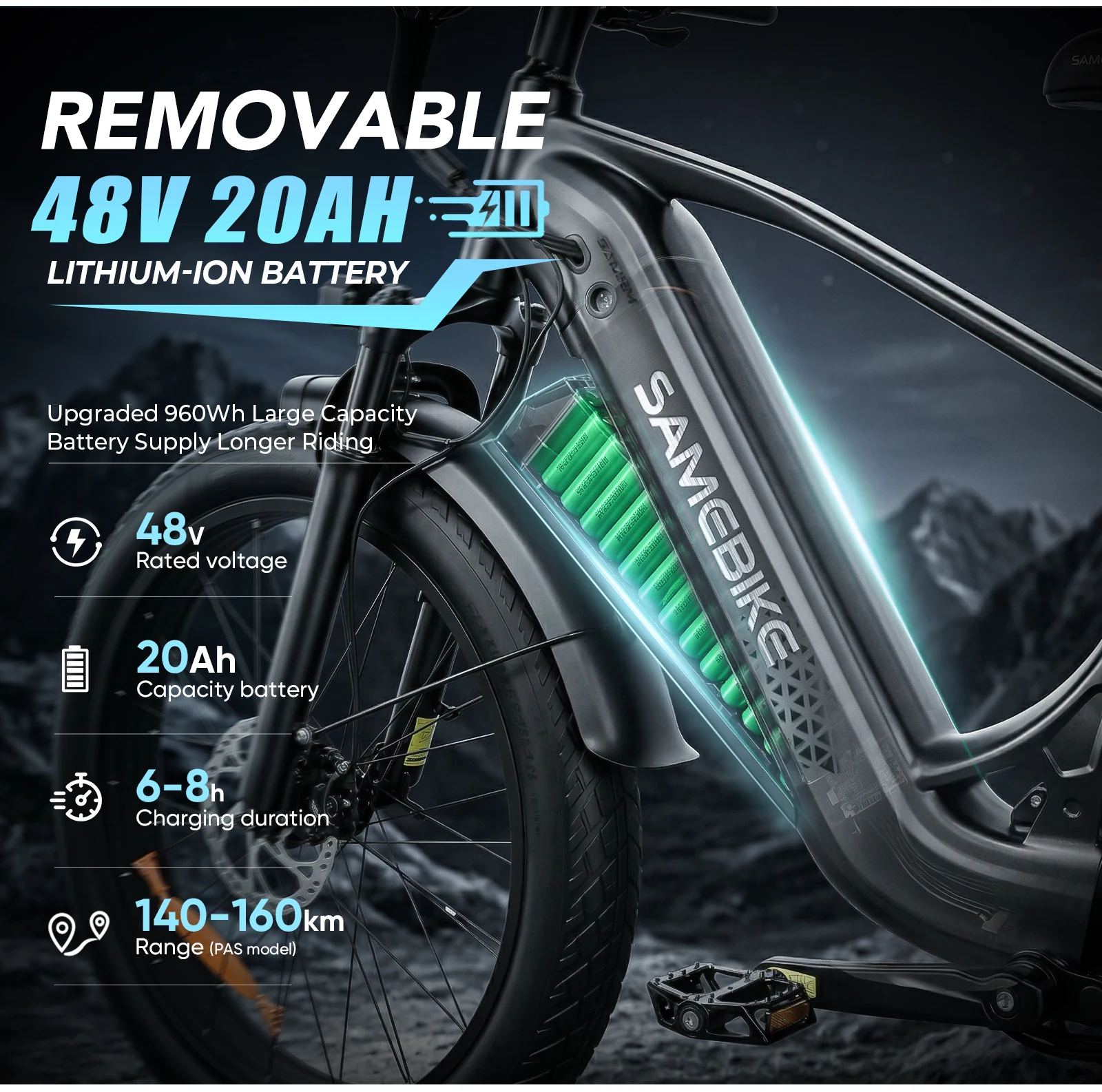 Batería extraíble de la SAMEBIKE STORM con tiempo de carga de 6 a 8 horas